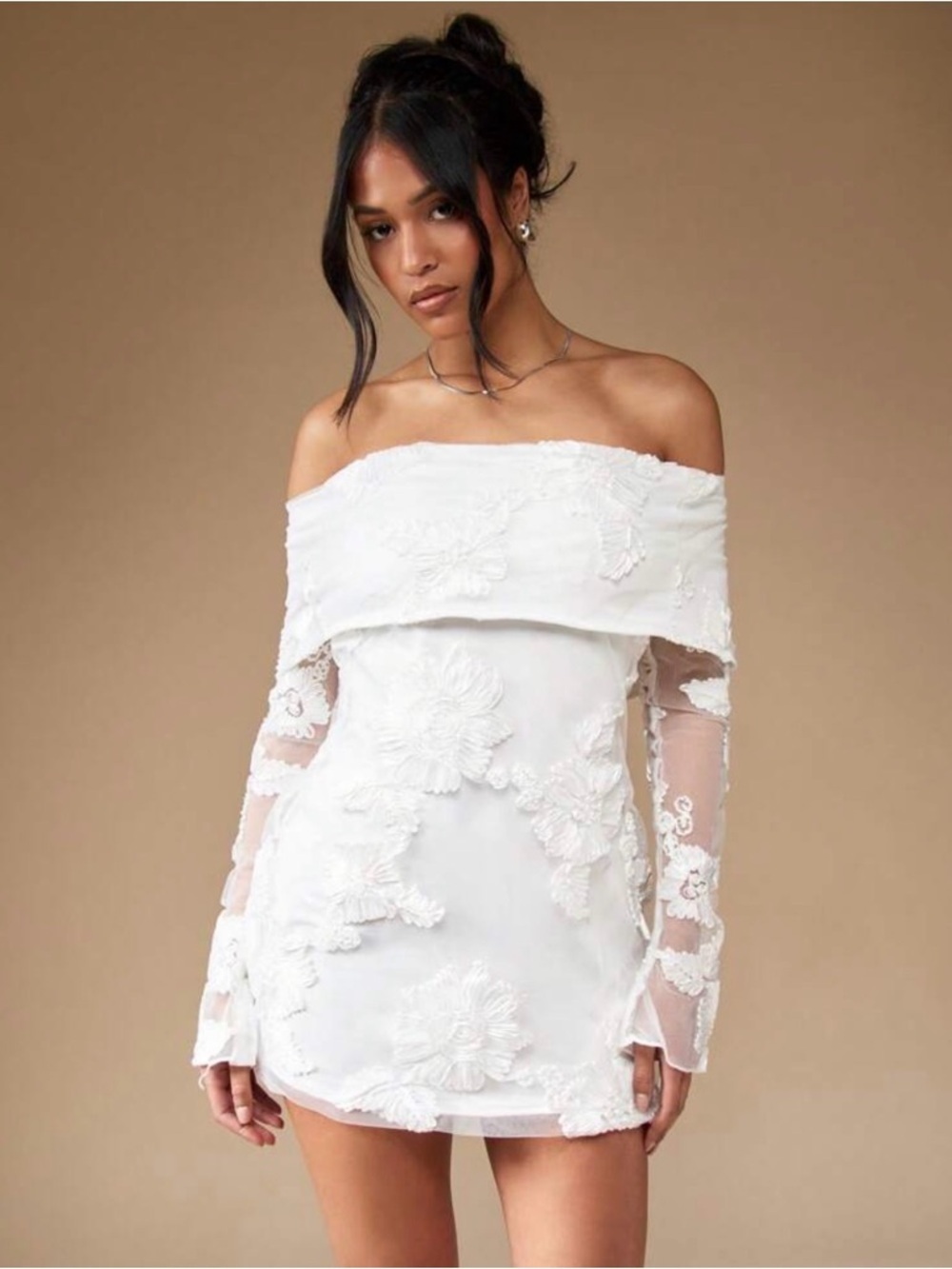 White Off-Shoulder Lace Dress- graduation, bridal shower, rehearsal, reception - Picture 3 of 6